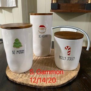 SET of 3 Rae Dunn Christmas cellars with wood lids
